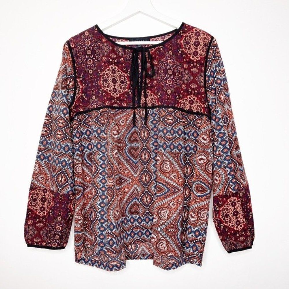 Sanctuary Patchwork Print Tie Neck Long Sleeve Blouse Women’s M